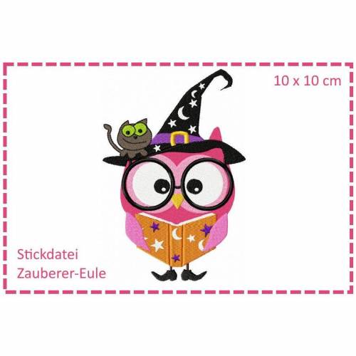Zauberer-Eule - Halloweeneule 10x10 Stickdatei