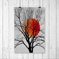 Roter Vollmond hinter Baum im Winter mit Vogel im Zweig, DIN A4 Poster, Name "Blood Moon" Bild 1