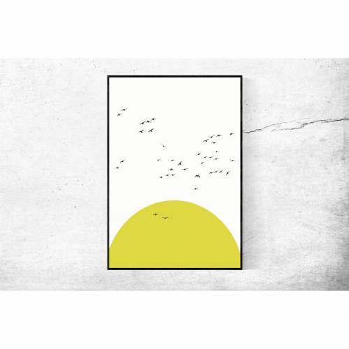 Sonnenposter, fliegende Gänseschar, minimalistische Illustration in weiß und gelb, Wanddekoration, 30 x 40 cm