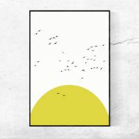 Sonnenposter, fliegende Gänseschar, minimalistische Illustration in weiß und gelb, Wanddekoration, 30 x 40 cm Bild 1