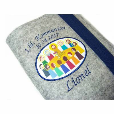 Gotteslobhülle Hülle für Gotteslob Merino Wollfilz Filz Stickerei 1.hl. Kommunion inkl. Name + Datum + Abendmahl Aufnäher Geschenk Kommunion