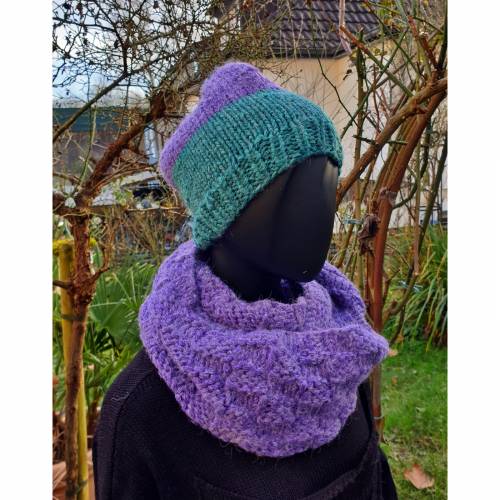 Set**dicker voluminöser Loop und Mütze mit Alpaka***lila***