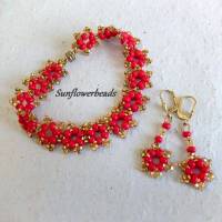 2-teiliges Schmuckset, Armband und Ohrringe, handgefertigt aus Glasperlen, rot und gold Bild 1