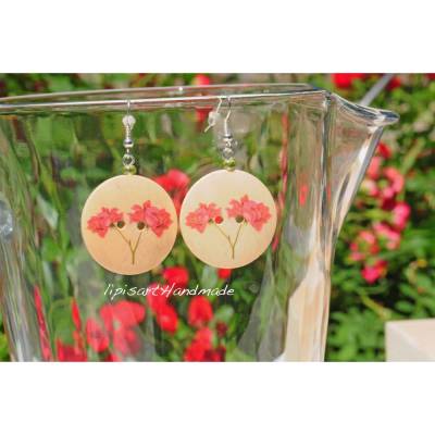 Knopfohrringe – Große Holzscheibe Rosa Rosen