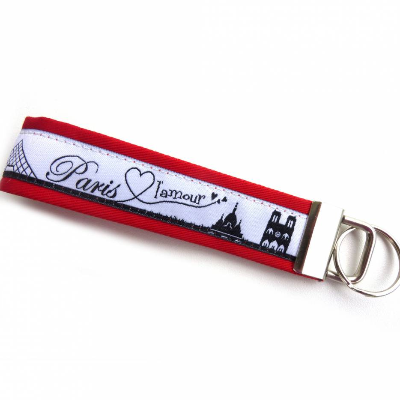 Schlüsselanhänger Schlüsselband Anhänger "Paris" in rot schwarz weiß aus Baumwollstoff und Webband