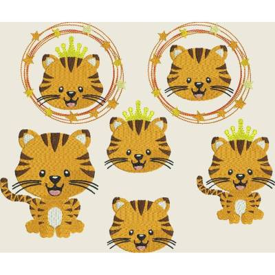 Stickdatei Stickmuster  Tiger mit Krone Dschungel, Zoo, Doodle Rahmen, Puschen,  Set 554