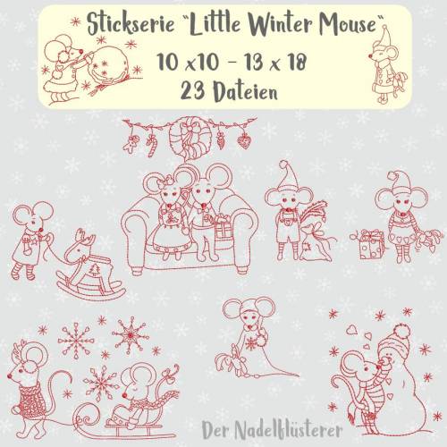 Digitale Stickserie Little Winter Mouse 10x10 - 13x18 cm (4x4 - 5x7") Stickrahmen