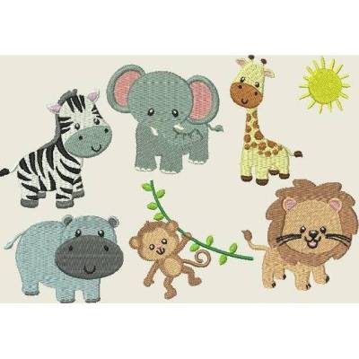 Stickdatei Zoofreunde  Giraffe  Affe Elefant Zebra  Löwe Nilpferd Hippo Sonne Zoo Maschinenstickerei 10x10cm Set 197