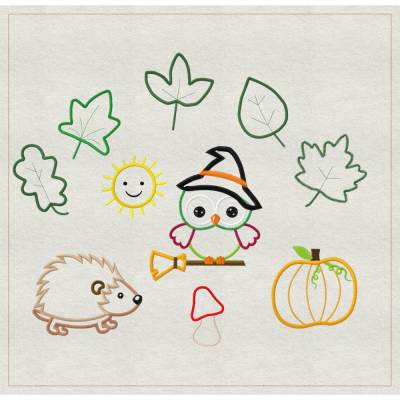 Stickdatei Herbst Eule Halloween Applikation – Blätter, Igel, Kürbis & mehr 20 Dateien
