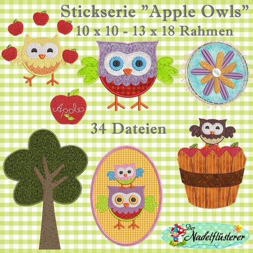 Digitale Stickserie Apple Owls 10x10 - 13x18 cm (4x4 - 5x7") Stickrahmen