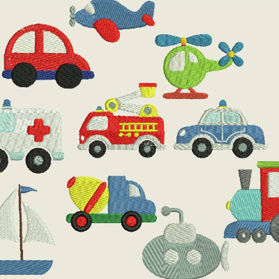 Stickdatei Fuhrpark / Auto Kleine Puschen Motive Set 2 Maschinestickerei 10x10cm / 4x4"