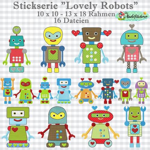 Digitale Stickserie Lovely Robots 10x10 - 13x18 cm (4x4 - 5x7") Stickrahmen