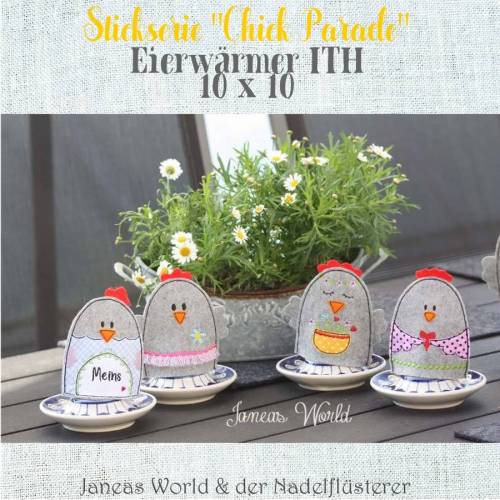 Digitale Stickserie Chick Parade Eierwärmer ITH 10x10  (4x4") Stickrahmen