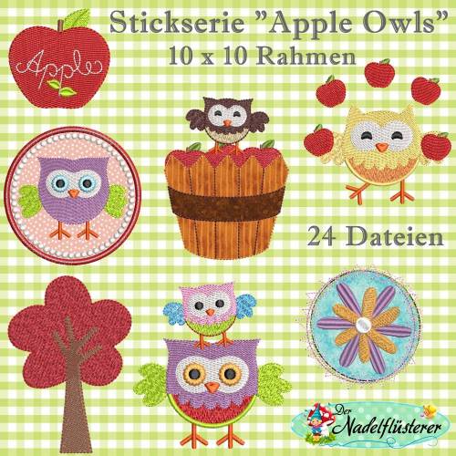 Digitale Stickserie Apple Owls 10x10 cm (4x4") Stickrahmen