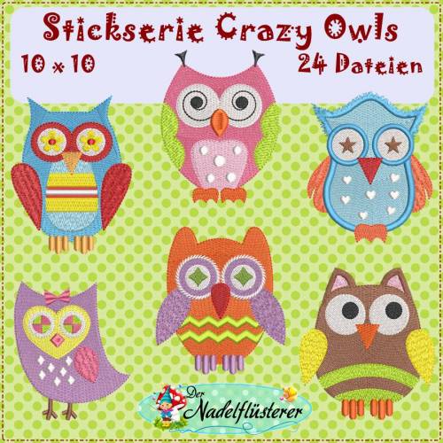 Digitale Stickserie Crazy Owls 10x10 cm (4x4") Stickrahmen