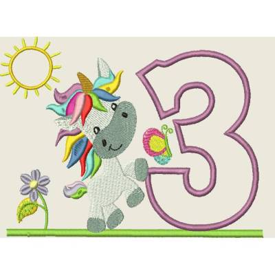 Stickdatei Einhorn 3 Geburtstagszahl Zahl 3. Geburtstag Birthday Number Maschinenstickerei 5x7"