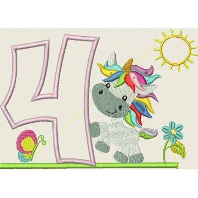 Stickdatei Geburtstag Zahl 4 Einhorn Geburtstagszahl Birthday Number 5x7" Maschinenstickerei