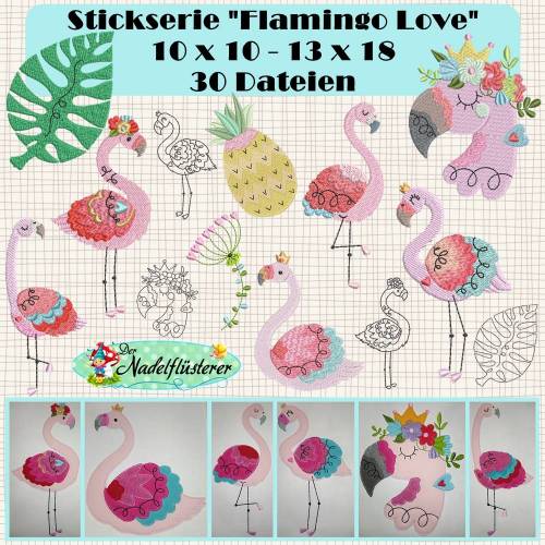 Digitale Stickserie Flamingo Love 10x10 - 13x18 cm (4x4 - 5x7") Stickrahmen
