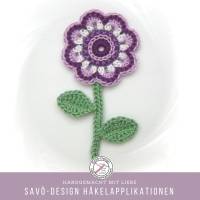 Blume mit Stiel, grosse lila Häkelblume zum aufnähen, Applikation Frühling Bild 1
