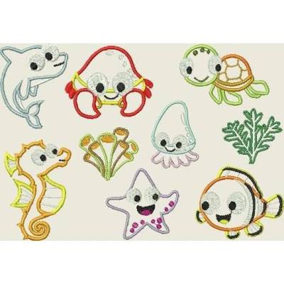 Stickdatei Unterwasserwelt 10x10  Applikation Seestern Seepferdchen Clownfisch Koralle Fisch  Set 180