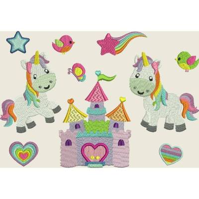 Stickdatei Einhorn im Zauberland 96 Maschinenstickerei Unicorn Schloss Vogel Schmetterling
