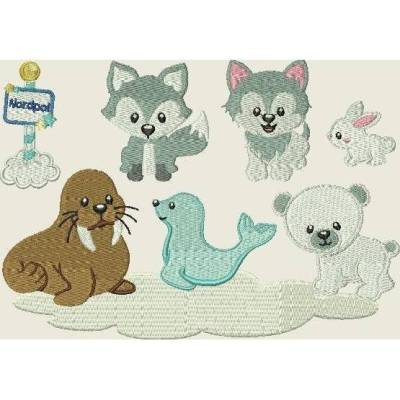 Stickdatei Tiere am Nordpol Eisbär Wolf Fuchs Hase Robbe Seelöwe Maschinestickerei Set 142