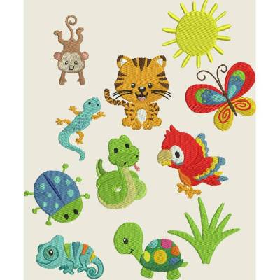 Stickdatei Regenwald / Zoo Puschen Motive Set 6 Schildkröte, Tiger, Papagei