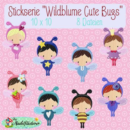 Digitale Stickserie  Wildblume Cute Bugs 10x10 cm (4x4") Stickrahmen