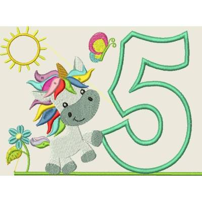 Stickdatei Einhorn  5 Geburtstagszahl Zahl 5. Geburtstag Maschinenstickerei 5x7"