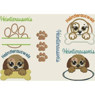Stickdatei Hund Heimtierausweis Maschinenstickerei Set 398