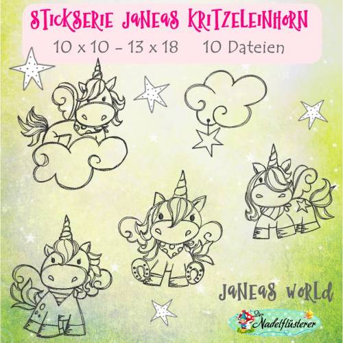 Digitale Stickserie Janeas Kritzeleinhorn 10x10 - 13x18 cm (4x4 - 5x7") Stickrahmen