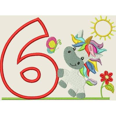 Stickdatei Einhorn  6 Geburtstagszahl Zahl 6. Geburtstag Maschinestickerei  5x7"
