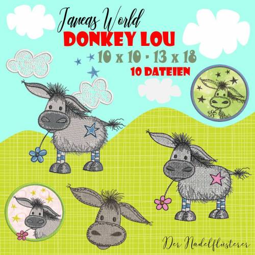 Digitale Stickserie Janeas World Donkey Lou 10x10 - 13x18 cm (4x4 - 5x7") Stickrahmen