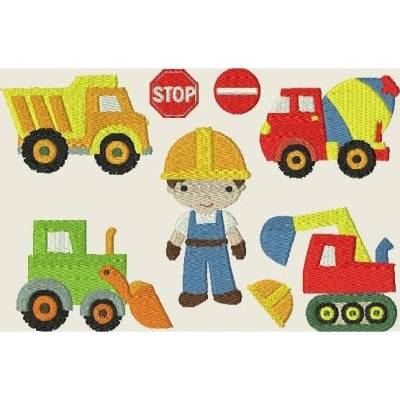 Stickdatei Auto * Auf der Baustelle*  Fuhrpark * Bauarbeiter, Bagger, Laster Set 275