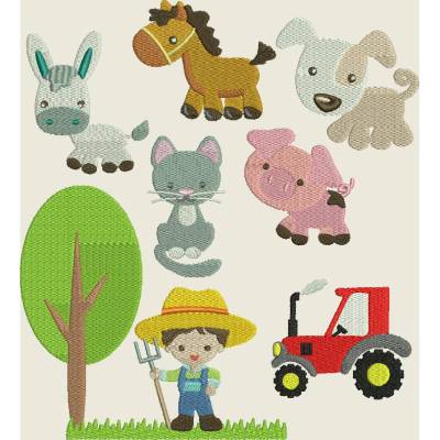 Stickdatei Bauernhof Farm Traktor Bauer Pferd Kuh Schwein Katze 3 Set 171