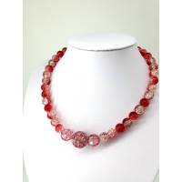 Perlenkette, Statementkette, Halskette, Kette, Crackle-Perlen, rot, transparent, auffallende Kette Bild 1