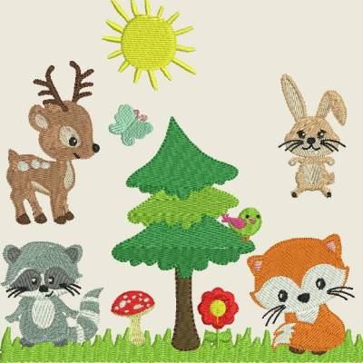 Stickdatei Tiere im Wald  Fuchs, Hase, Waschbär, Reh, Hirsch, Hase 114