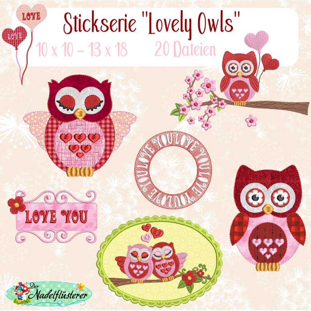 Digitale Stickserie Lovely Owls 10x10 - 13x18 cm (4x4 - 5x7") Stickrahmen Bild 1