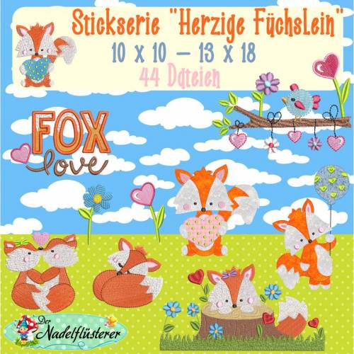 Digitale Stickserie Herzige Füchslein 10x10 - 13x18 cm (4x4 - 5x7") Stickrahmen