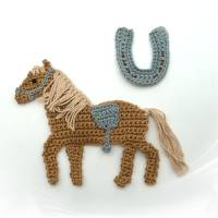 Pferd Häkelapplikation , Applikation Haflinger zum Aufnähen für Kinder, braunes Pferd für Schultüte, Sattel in Wunschfarbe Bild 7