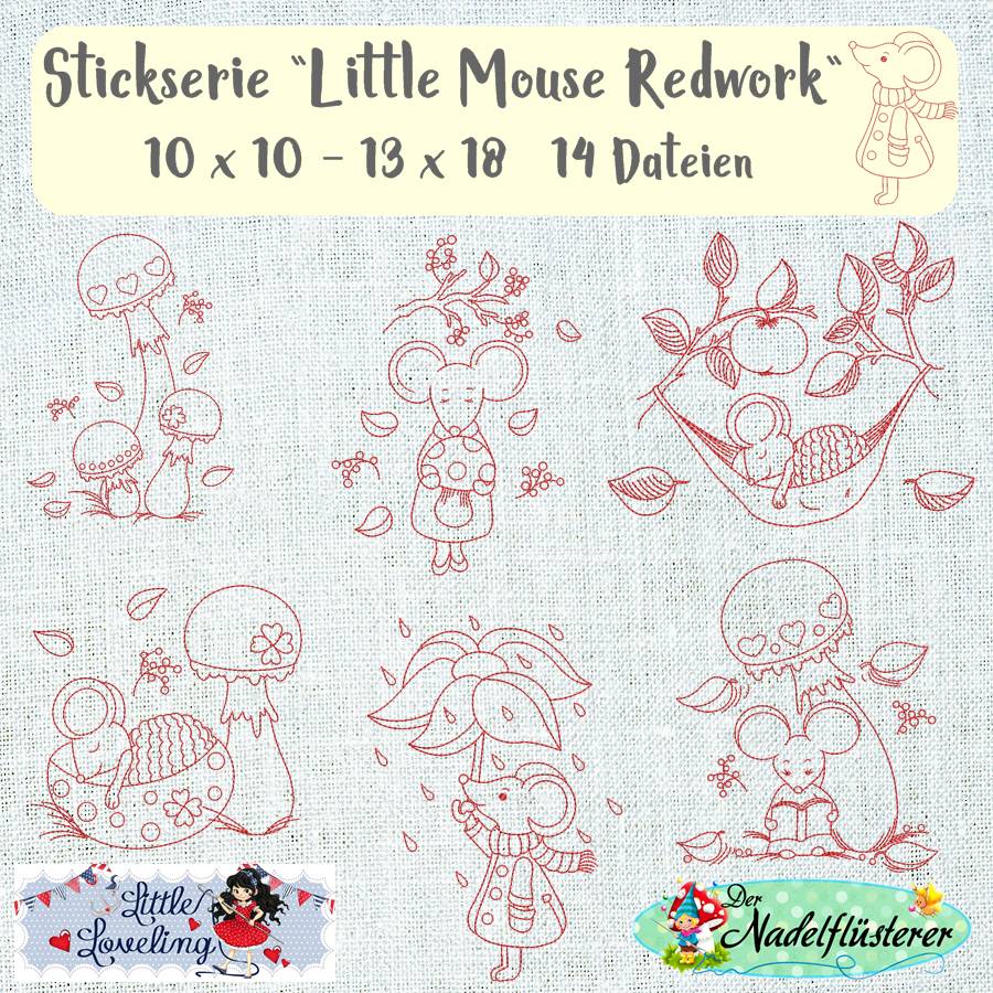Digitale Stickserie Little Mouse Redwork 10x10 - 13x18 cm (4x4 - 5x7") Stickrahmen Bild 1