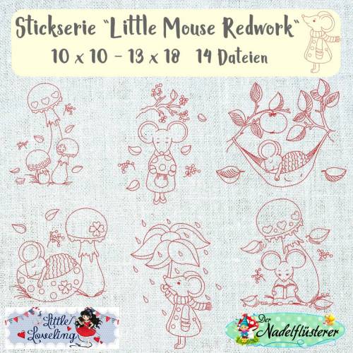 Digitale Stickserie Little Mouse Redwork 10x10 - 13x18 cm (4x4 - 5x7") Stickrahmen