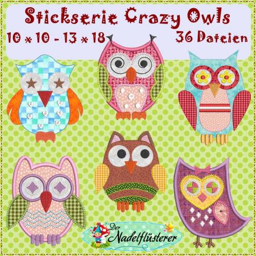 Digitale Stickserie Crazy Owls 10x10 - 13x18 cm (4x4 - 5x7") Stickrahmen
