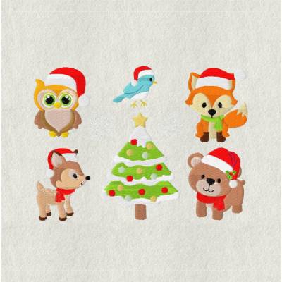 Stickdatei Tiere im Wald Weihnachten 10x10cm – Reh, Fuchs, Bär, Eule, Tannenbaum & mehr Set 265