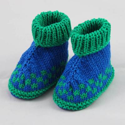 blau grün gemusterte Babyschuhe 3-6 Monate aus Baumwolle gestrickt
