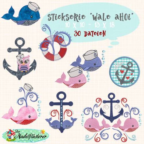 Digitale Stickserie Wale Ahoi 10x10 - 13x18 cm (4x4 - 5x7") Stickrahmen