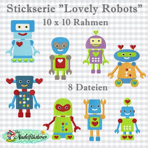 Digitale Stickserie Lovely Robots 10x10 cm (4x4") Stickrahmen