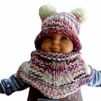 Baby- Set Schlauchschal und Bommel- Mütze Wollweiß Farbverläufe in Pastellviolett Kuschelwolle von Lana Grossa Bild 2