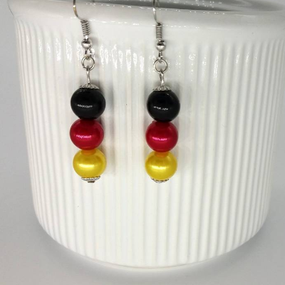 Ohrringe, schwarz rot gelb, Perlen, Ohrhänger, Perlenohrringe, Perlenohrhänger, Ohrring