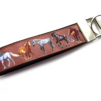 Schlüsselanhänger Schlüsselband Anhänger "Pferde" braun aus Baumwollstoff und Ripsband Bild 1